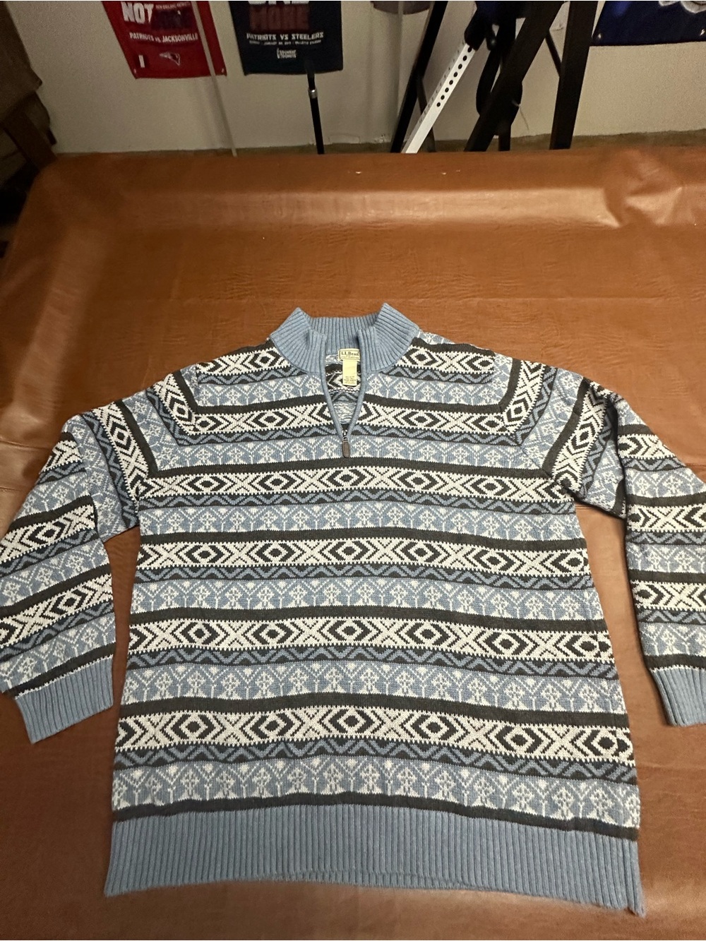 L L Bean Men's Light Blue and gray 3/4 Quarter-Zip Sweater,XXL
